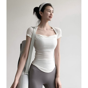 专业健身普拉提薄款速干衣女夏季弹力运动显瘦T恤瑜伽服方领上衣