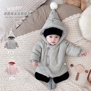 婴儿外套冬装夹棉加厚ins北欧风棉衣，连帽加绒新生儿男女宝宝衣服