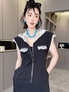 RR fashion 连体裤女2024夏季法式拉链撞色蕾丝拼接连帽长裤