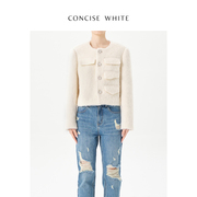 CONCISE-WHITE简白 袋盖羊毛毛呢短外套多口袋上衣秋冬