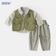 嘟嘟家宝宝马甲衬衫，套装2023儿童露营穿搭男童休闲裤子三件套