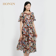 HONRN/红质洋气桑蚕丝真丝印花a字收腰短袖连衣裙女夏季裙子