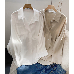 盐系白色简洁长袖雪纺衬衫中长款单排扣百搭上衣时尚休闲洋气J$9