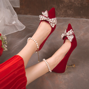 红色尖头高跟鞋婚鞋新娘鞋女中式秀禾礼服结婚鞋，小众高级感不累脚