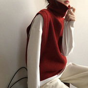 韩版外贸原单女装处理纯色高领无袖毛衣复古叠穿外搭针织背心