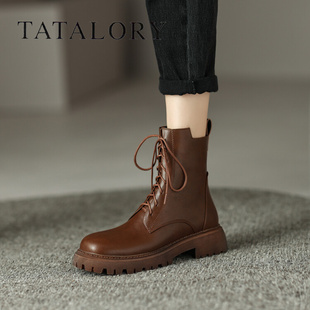 tatalory联名女鞋英伦风，厚底马丁靴，2022真皮系带粗跟短靴女