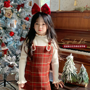 萌c童品女童背带裙圣诞节红色格纹新年服加厚冬款无袖宝宝连衣裙