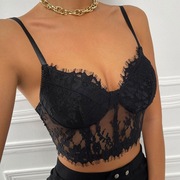 Printed lace up camisole top性感睫毛蕾丝透视裹胸露脐小背心95