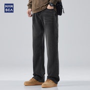 hansca秋季美式复古黑色牛仔裤，男直筒宽松水洗做旧阔腿休闲长裤子