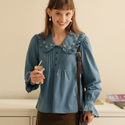 MintCheese 法式少女“樱桃雏菊”重工刺绣娃娃领文艺牛仔蓝衬衫
