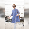 winnietang首尔蓝100%棉，色织条纹拼接设计感衬衫裙宽松廓形连衣裙
