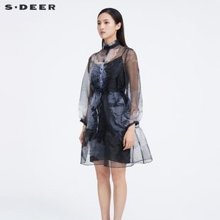 sdeer圣迪奥女装，夏季气质印花欧根纱，吊带两件套连衣裙s20281219