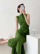 srose苔绿复古原创新中式，改良日常旗袍裙，国风亚麻连衣裙2024