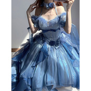 蓝色花嫁礼服lolita连衣裙，女洋装洛丽塔重工拖尾蓬蓬公主裙