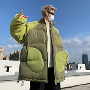 羊毛羔拼接绿色棉衣，男冬季美式复古保暖棉袄百搭立领棉服外套