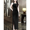 高级感黑色雪纺吊带连衣裙，气质礼服2024夏季女装高端赫本长裙