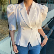 韩国chic夏季气质百搭西装，领双排扣收腰显瘦短袖粗花呢短外套女