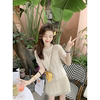 鱼兔子的兔子欧根纱连衣裙，气质2023夏季仙女裙绣花v领短款百褶裙