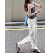 白色棉麻休闲裤女春季高腰慵懒垂感显瘦亚麻裤子，小众设计感直筒裤