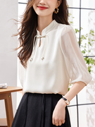 新中式白色雪纺衬衫女中袖上衣2024夏季设计感小众泡泡袖衬衣