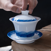 青花三才盖碗茶杯功夫泡茶茶碗带盖白瓷单个大号景德镇陶瓷器茶具