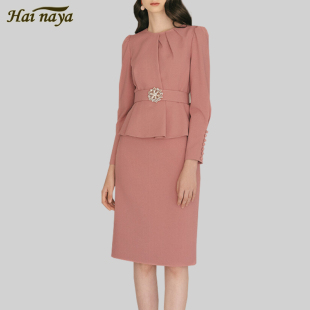 气质连衣裙春秋韩版圆领荷叶，长袖显瘦假二件纯色，优雅包臀裙