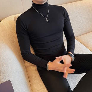 半高领长袖t恤男士春季2024韩版修身弹力紧身纯色中领打底衫