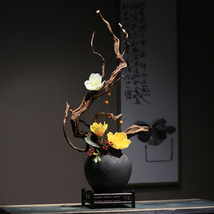 新中式陶瓷花瓶禅意枯木仿真花艺装饰侘寂风，客厅茶室玄关木雕摆件