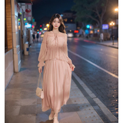 法式复古粉色雪纺衬衫，上衣+半身裙两件套2024春季温柔套装韩系风