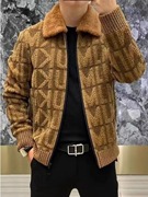 欧洲站高档针织毛领大衣男士，秋冬季时尚，潮流修身百搭翻领夹克外套
