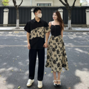 3ku夫妇中国风情侣装一衣一裙情侣装短袖衬衫，吊带连衣裙长裙中式