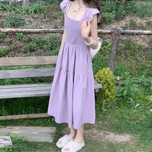 高级感紫色连衣裙女夏季小个子法式飞飞袖收腰显瘦V领a字长裙