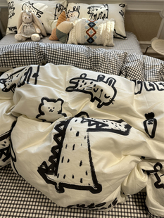 ins黑白涂鸦鳄鱼小猫咪，床上四件套全棉，纯棉文艺1.5被套床单三件套