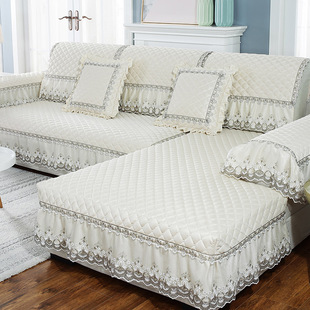 高档纯色沙发垫布艺，纯色米白四季通用透气欧式裙摆防滑垫套罩