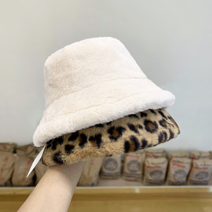 韩国豹纹毛绒帽(毛绒帽，)子女冬季时尚显脸小保暖渔夫帽百搭厚款防寒盆帽潮