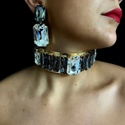 欧美夸张方形水晶大宝石颈链耳环，套装女气质性感显瘦闪亮脖子项链