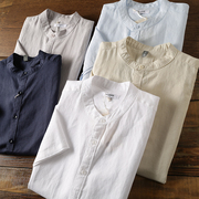 亚麻短袖男士衬衫立领休闲白色，寸衫夏季薄款透气圆领棉麻料衬衣潮