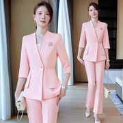 粉色七分袖西装外套女2024夏季正装上衣OL风气质高端职业套装