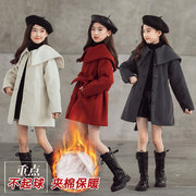 韩国女童冬装中大童休闲红色时髦新年外套女孩亲子加厚翻领呢大衣