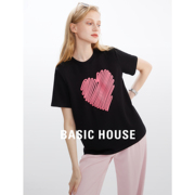 Basic House/百家好爱心印花短袖t恤女2024夏季别致正肩上衣