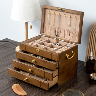 珠宝首饰盒国风，高档精致黄金实木，木质带锁手饰品收纳盒大容量