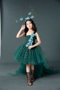 女童墨绿色礼服蓬蓬裙精灵森林系儿童摄影比赛万圣节服装模特走秀