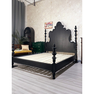 法式复古黑奢华实木雕花双人床主卧大床婚床公主床欧式美式床定制