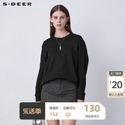sdeer圣迪奥女装休闲圆领拼接黑色长袖T恤S22160205