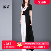 夏装2024女黑白拼色时尚，v领连衣裙气质显瘦正式场合礼服长裙