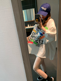 已定韩国2024夏季女盖臀荧光涂鸦字母蝙蝠袖宽松oversize白色T恤