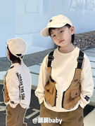 23春秋季日系潮男儿童装宽松马甲印花假两件造型纯棉套头卫衣