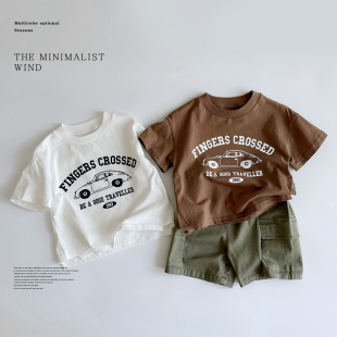 韩国儿童夏季短袖上衣男女宝宝，美式小汽车半袖t恤软薄棉打底衫潮