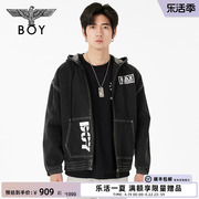 BOYLONDON高街潮牌春季撞色logo印花连帽牛仔外套N50703