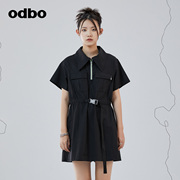 odbo欧迪比欧时尚polo领黑色连衣裙女夏季收腰显瘦衬衫裙子